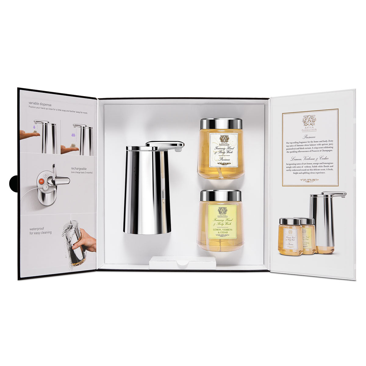 Antica Farmacista gift set. foam cartridge sensor pump. polished stainless steel