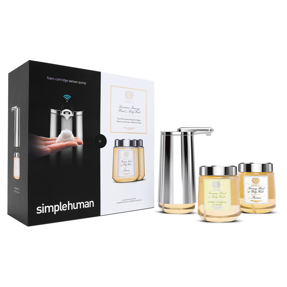 Antica Farmacista gift set. foam cartridge sensor pump. polished stainless steel