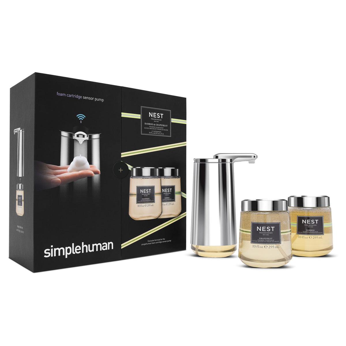 gen2 foam cartridge sensor pump with NEST Bamboo and Grapefruit hand soap. polished stainless steel